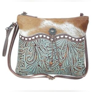 Western turqoise embossed leather With brown and white cowhide Crossbody Bag